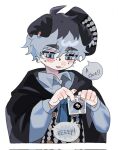  1boy blue_eyes blue_hair creature detective dilnyan03 english_commentary english_text furry furry_male highres holding male_focus original pig_boy short_hair sideways_hat simple_background solo upper_body white_background 