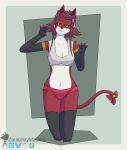 aki_izayoi akiza_izinski anthro arm_warmers armwear bedroom_eyes bell bell_on_tail bow_ribbon breasts camel_toe cel_shading claw_pose cleavage clothed clothing crop_top domestic_cat ears_up felid feline felis fingerless_gloves fur gloves hair handwear hi_res kneeling legwear mammal narrowed_eyes panties red_body red_bow_ribbon red_clothing red_fur red_hair red_panties red_underwear seductive shaded shirt short_hair simple_background smug stockings tail tank_top topwear underwear watermark white_body white_fur yu-gi-oh! zaraunitymasters