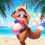 american_flag american_flag_bikini anthro areola beach beach_background belly belly_nipples big_belly big_breasts bikini bikini_bottom bikini_top black_hair blue_eyes breasts brown_body brown_fur canid canine clothing digital_drawing_(artwork) digital_media_(artwork) female fennec_fox flag_bikini fox fur glistening glistening_belly glistening_body glistening_breasts hair hand_on_belly hat headgear headwear hi_res leg_markings linea_nigra long_hair looking_at_viewer mammal markings navel nipples orange_body orange_fur outie_navel palm_tree peachy-jingle pink_areola pink_nipples pink_nose plant pregnant pregnant_anthro pregnant_female sea socks_(marking) solo standing sun_hat swimwear tan_body tan_fur tree true_fox two-piece_swimsuit united_states_of_america vi_(kupilas) water