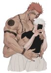  2boys absurdres arm_tattoo cellphone chest_tattoo closed_mouth collarbone covering_face cowboy_shot extra_arms extra_eyes facial_tattoo gojou_satoru half_eye_mask highres hug iba_(kcokaine) implied_yaoi jujutsu_kaisen looking_at_another male_focus multiple_boys pale_skin phone phone_over_face pink_hair red_hair ryoumen_sukuna_(jujutsu_kaisen) ryoumen_sukuna_(true_form)_(jujutsu_kaisen) short_hair shoulder_tattoo smartphone tattoo topless_male waist_hug white_hair 