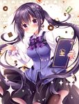  black_dress black_hair black_legwear dress gochuumon_wa_usagi_desu_ka? holding long_hair looking_at_viewer menu nogi_takayoshi pantyhose purple_eyes rabbit_house_uniform smile solo tedeza_rize twintails waitress 