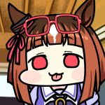  1girl :3 :p animal_ears brown_hair chibi chibi_only commentary ear_ribbon eyewear_on_head glasses horse_ears horse_girl jazz_jack looking_at_viewer lowres medium_hair photo-referenced puffy_short_sleeves puffy_sleeves purple_shirt red-framed_eyewear red_eyes red_ribbon ribbon sailor_collar school_uniform shirt short_sleeves solo tongue tongue_out tracen_school_uniform transcend_(umamusume) umamusume white_sailor_collar 