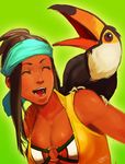  artist_name bad_id bad_tumblr_id baire bird breasts brown_hair cleavage closed_eyes coco_(kof) dark_skin green_background headband large_breasts open_mouth ponytail simple_background solo teeth the_king_of_fighters the_king_of_fighters_xiv toucan upper_body zarina 