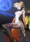  absurdres armor armored_boots black_footwear blonde_hair blue_eyes bodysuit boots breastplate breasts brown_legwear copyright_name headgear highres knee_boots large_breasts looking_at_viewer mechanical_wings mercy_(overwatch) overwatch pantyhose parted_lips pink_lips ponytail short_hair sitting solo stethoscope wings xiga 