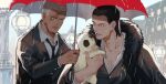  2boys animal black_coat black_hair black_jacket black_necktie closed_mouth coat coat_on_shoulders crew_cut crocodile_(one_piece) daz_bones dog fur-trimmed_coat fur_trim highres holding holding_animal holding_dog jacket male_focus multiple_boys necktie ngumngim one_piece outdoors pectoral_cleavage pectorals pug rain red_umbrella scar scar_on_face shared_umbrella shirt short_hair stitched_face stitches thai_commentary umbrella upper_body white_shirt 