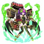  black_gloves black_legwear black_wings book breasts character_request choker commentary_request demon_girl demon_horns demon_wings extra_eyes fire full_body gloves green_eyes green_fire grimoire grin horns keyhole leotard low_wings purple_hair smile solo space_jin thighhighs tokyo_tenma tokyo_tenma:_devil_slave two_side_up wings 