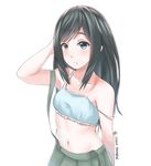  asashio_(kantai_collection) bangs bare_shoulders black_hair blue_bra blue_eyes bra breasts closed_mouth disco_brando frilled_bra frills hand_on_own_head highres kantai_collection long_hair looking_at_viewer navel no_shirt pleated_skirt simple_background skirt small_breasts solo strap_slip suspender_skirt suspenders suspenders_slip underwear upper_body white_background 