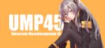  1girl 404_logo_(girls&#039;_frontline) absurdres armband blush brown_hair character_name german_text girls&#039;_frontline gloves gudrn hand_on_own_chin head_rest highres jacket long_hair looking_at_viewer one_side_up orange_background pantyhose scar scar_across_eye scar_on_face sitting skirt smile solo ump45_(girls&#039;_frontline) yellow_armband yellow_eyes 