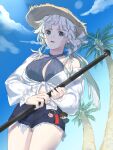  1girl alternate_costume alternate_hairstyle animal_charm aud0854_01 blue_shorts blue_sky blush character_charm charm_(object) cloud coconut_tree commentary_request day fate/grand_order fate/samurai_remnant fate_(series) green_eyes grey_hair hat highres holding long_hair looking_at_viewer miyamoto_iori_(fate) palm_tree ponytail shorts sky solo straw_hat sun_hat sunlight sweatdrop swimsuit tree yui_shousetsu_(fate) 