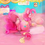  2016 anus blue_eyes bound cupcake equine female food friendship_is_magic horse looking_at_viewer looking_back lying mammal my_little_pony pinkie_pie_(mlp) pussy raised_tail senpaiworks solo 