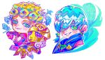  2boys 6+others aerosmith_(stand) aircraft airplane ass blonde_hair blue_hair blue_overalls braid chibi chibi_only cleavage_cutout clothing_cutout colored_skin colorful compound_eyes doodle_inset earrings giorno_giovanna gold_experience green_eyes grey_hair grin hair_between_eyes hair_ornament heart_ornament highres hood hood_down hooded_overalls jacket jewelry jodio_joestar jojo_no_kimyou_na_bouken ladybug_ornament long_bangs long_sleeves male_focus moody_blues_(stand) multicolored_hair multiple_boys multiple_others november_rain_(stand) overalls parted_bangs pink_jacket purple_eyes purple_haze_(stand) sex_pistols_(stand) smile stand_(jojo) star_(symbol) star_hair_ornament teeth the_jojolands two-tone_hair uu0000322 vento_aureo victory_rolls wing_ornament yellow_skin 