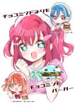  3girls :d ;d absurdres ai_scream!_(love_live!) aiscream_(love_live!) blue_bow blue_bowtie blue_choker blue_eyes blue_hair blush bow bowtie brown_eyes burger chestnut_mouth chibi chibi_inset choker commentary_request dress food food_coloring green_eyes hair_bun hair_ornament hairclip heart heart_hair_ornament highres holding holding_burger holding_food index_finger_raised kurosawa_ruby looking_at_viewer love_live! love_live!_nijigasaki_high_school_idol_club love_live!_sunshine!! love_live!_superstar!! maid maid_headdress mcdonald&#039;s medium_hair multiple_girls one_eye_closed open_mouth orange_hair parallel_hairclips parted_lips pink_dress pinstripe_sleeves puffy_short_sleeves puffy_sleeves red_bow red_bowtie red_hair ririn_(ririn_501) short_sleeves simple_background single_side_bun smile star-shaped_pupils star_(symbol) symbol-shaped_pupils translation_request uehara_ayumu wakana_shiki white_background 