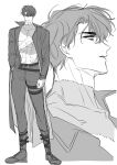  1boy abs alternate_costume bags_under_eyes belt black_coat black_hair boots coat curtained_hair different_zoom_layer full_body greyscale hand_in_pocket highres looking_at_viewer maga_mok23 monochrome multiple_views muscular muscular_male omniscient_reader&#039;s_viewpoint open_clothes open_coat pectorals short_hair stitched_neck stitched_torso stitches yoo_joonghyuk 