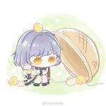  1girl animal_on_head ankle_ribbon baby_animal bare_legs basket bird bird_on_head black_collar black_ribbon black_shoes booby_trap border chibi chick chinese_clothes chinese_commentary collar colored_eyelashes commentary_request dress floral_background food green_background grey_hair holding holding_food jacket knees leg_ribbon light_blush long_sleeves looking_at_food mandarin_collar nikki_(series) no_mouth on_head ribbon round_border see-through_clothes see-through_jacket shining_nikki shoes short_hair_with_long_locks single_sidelock solid_oval_eyes solo squatting steamed_bun string watermark weibo_watermark white_border white_dress white_jacket xiaoyu_qixing yellow_eyes yexiao_(shining_nikki) 