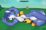 anthro areola arrow_(weapon) blood blue_body blue_fur blue_hair bodily_fluids breasts canid canine digital_media_(artwork) disembodied_hand disembowelment female first_person_view fox fur gameplay_mechanics genitals gore gore_focus grass gui guts hair half-closed_eyes health_bar holding_melee_weapon holding_object holding_sword holding_weapon imminent_death impalement intestines killing krystal_(star_fox) lying mammal melee_weapon mrs._stein narrowed_eyes nintendo nipples nude on_side open_mouth organs outdoor_nudity outside plant ranged_weapon snuff solo solo_focus star_fox sword tail teeth text tongue tongue_out vulva water weapon