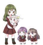  4girls :&lt; :3 aqua_neckerchief baby_carry black_socks bob_cut brown_dress brown_eyes brown_hair brown_shoes bug butterfly butterfly_on_head carrying chibi commentary crossed_arms diagonal_bangs dress fujishima_megumi green_eyes green_hair grey_hair hair_ornament hairclip hasu_no_daisankaku hasu_no_sora_school_uniform inverted_bob jitome link!_like!_love_live! loafers long_hair long_sleeves love_live! low_ponytail medium_dress moso_(expect66) multicolored_hair multiple_girls neckerchief official_alternate_hairstyle ogami_sachi open_mouth otomune_kozue parallel_hairclips pink_eyes pleated_dress ponytail purple_eyes purple_hair red_hair red_streaks sailor_collar sailor_dress school_uniform shoes short_eyebrows short_hair sidelocks socks star_(symbol) star_hair_ornament streaked_hair sweatdrop thick_eyebrows tongue tongue_out two_side_up v-shaped_eyebrows virtual_youtuber white_sailor_collar winter_uniform yellow_butterfly yugiri_tsuzuri 