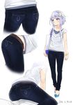  ama_mitsuki arms_at_sides ass bag belt bent_over blue_footwear blue_pants blush bracelet collarbone commentary crescent crescent_hair_ornament dated denim duplicate fine_fabric_emphasis full_body hair_ornament jeans jewelry kantai_collection lavender_hair looking_to_the_side lower_body multiple_views over_shoulder pants purple_eyes shirt shoes shopping_bag short_hair_with_long_locks short_sleeves sidelocks simple_background sitting straddling walking wariza white_background white_shirt yayoi_(kantai_collection) 