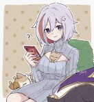  1girl ? alternate_costume blue_eyes cat cleavage_cutout clothing_cutout commentary honkai:_star_rail honkai_(series) indoors looking_at_viewer miyabai32 numby_(honkai:_star_rail) phone polka_dot polka_dot_background red_streaks short_hair sitting topaz_(honkai:_star_rail) trotter_(honkai:_star_rail) white_hair 