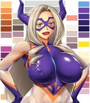  :d ameoto blush bodysuit boku_no_hero_academia breasts cleavage color_guide covered_navel covered_nipples domino_mask eyelashes hair_intakes hand_on_hip horns huge_breasts impossible_bodysuit impossible_clothes long_hair looking_at_viewer mask mount_lady open_mouth pink_lips purple_eyes red_eyes shiny shiny_clothes silver_hair skin_tight smile solo upper_body 