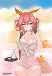  akasakak alcohol animal_ears artist_name bad_id bad_pixiv_id blush breasts choko_(cup) cleavage copyright_name cup fate/extra fate_(series) fox_ears fox_tail hair_up large_breasts looking_at_viewer naked_towel onsen partially_submerged pink_hair rubber_duck sake smile solo steam tail tamamo_(fate)_(all) tamamo_no_mae_(fate) tokkuri towel tray twitter_username water yellow_eyes 