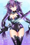  blue_eyes braid breasts cleavage cleavage_cutout gloves hair_ornament highres large_breasts leotard long_hair neptune_(series) oekakizuki purple_hair purple_heart smile solo sword symbol-shaped_pupils thighhighs twin_braids weapon 