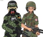  2girls absurdres armor assault_rifle black_gloves black_hair blonde_hair blue_eyes body_armor camouflage german_flag glasses gloves goggles gun hair_between_eyes highres holding holding_gun holding_weapon koalakanru long_sleeves m16 mask military_uniform mouth_mask multiple_girls nazi original pauldrons reichsadler rifle short_hair short_sleeves shoulder_armor siegrunen ss_insignia waffen-ss weapon yellow_eyes 
