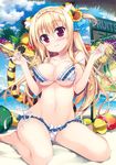  absurdres animal_ears areola_slip areolae bare_legs barefoot beach beach_house bikini blonde_hair blush breasts cropped day flower food frilled_bikini frills fruit fujima_takuya hair_flower hair_ornament hammock highres large_breasts long_hair looking_at_viewer navel one_side_up plaid plaid_bikini red_eyes scan sidelocks sitting smile solo swimsuit tail tiger_ears tiger_tail toranoana untied untied_bikini wariza watermelon 