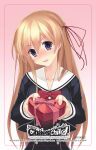  1girl blonde_hair blush bow box buttons chaos;child chest_bow chocolate collarbone copyright_name cropped_jacket double-breasted dress_vest fingernails food gift hair_between_eyes hair_ribbon heart-shaped_box hekiho_academy_school_uniform highres holding holding_chocolate holding_food holding_gift kurusu_nono lips long_hair long_sleeves miniskirt official_art open_mouth purple_eyes red_bow red_ribbon ribbon sailor_collar sasaki_mutsumi school_uniform science_adventure skirt solo tongue valentine white_sailor_collar 