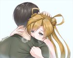  1girl abukuma_(kantai_collection) artist_name black_hair blonde_hair blue_eyes breath clothed_male_nude_female disco_brando double_bun hair_rings hand_on_another's_head heart heart-shaped_pupils heavy_breathing hug implied_sex kantai_collection long_hair nude shirt_grab symbol-shaped_pupils twintails 