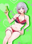  1girl bikini breasts grey_hair gun heart highres holding holding_gun holding_weapon honkai:_star_rail honkai_(series) large_breasts lilipon navel open_mouth purple_eyes red_hair short_hair smile solo square swimsuit thigh_strap topaz_(honkai:_star_rail) twitter_username water_gun weapon 