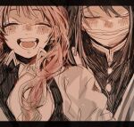  1boy 1girl bandages_over_mouth black_border black_hair black_jacket blunt_bangs blunt_ends blush border closed_eyes demon_slayer_uniform hair_over_shoulder haori highres iguro_obanai jacket japanese_clothes kanroji_mitsuri kimetsu_no_yaiba long_hair mole mole_under_eye open_mouth pink_hair smile upper_body white_haori yakitorisan09 