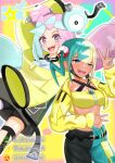  2girls aqua_hair bandeau black_mask blonde_hair blue_eyes blue_hair bow-shaped_hair breasts canari_(pokemon) center-flap_bangs character_hair_ornament criss-cross_halter criss-cross_straps cropped_jacket dark-skinned_female dark_skin fake_hair_bun grey_pantyhose hair_ornament half-closed_eyes halter_shirt halterneck hexagon_print highres iono_(pokemon) jacket long_hair low-tied_long_hair magnemite mask mask_pull medium_breasts mouth_mask multicolored_hair multiple_girls oversized_clothes pants pantyhose pantyhose_under_shorts pink_hair pokemon pokemon_legends:_z-a pokemon_sv sharp_teeth short_twintails shorts single_leg_pantyhose sleeves_past_fingers sleeves_past_wrists smile split-color_hair taniaki teeth trait_connection twintails two-tone_mask two-tone_pants upper_teeth_only v very_long_sleeves x_(symbol) yellow_bandeau yellow_jacket yellow_mask 
