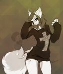  anthro canine clothed clothing distracting_watermark female hi_res looking_at_viewer mammal pandora_(artist) simple_background smile solo watermark 