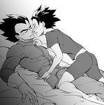  2boys abs cabba character_request dragon_ball dragonball_z gloves lova4513 lying male_focus monochrome multiple_boys muscle pecs size_difference straddling vegeta yaoi 