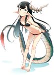  barefoot bikini black_bikini breasts collarbone dragon_tail eyebrows eyebrows_visible_through_hair feet_together full_body horns leaning_forward long_hair long_pointy_ears makino_(katasumi) monster_girl navel original pointy_ears simple_background small_breasts solo swimsuit tail thighs very_long_hair white_background 