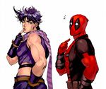  battle_tendency bodysuit crossover deadpool finger_to_mouth fingerless_gloves from_behind from_side gloves green_eyes jojo_no_kimyou_na_bouken joseph_joestar_(young) looking_back male_focus marvel multiple_boys muscle one_eye_closed parody pointing pointing_at_self pouch purple_hair scarf striped striped_scarf sujiko_(125motimoti) superhero upper_body 