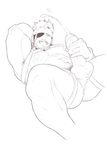 abs ass big_boss body_hair climax cum ejaculation erection eyepatch lying male_focus masturbation metal_gear_solid monochrome muscle pecs penis smile solo teeth white_background 