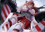  ;( anchor bare_shoulders blush breasts brown_eyes brown_hair commentary_request from_below garter_straps gin'ichi_(akacia) hat headdress kantai_collection large_breasts littorio_(kantai_collection) long_hair long_sleeves machinery necktie no_bra one_eye_closed red_neckwear red_skirt skirt solo striped striped_legwear thighhighs torn_clothes torn_legwear turret twitter_username wet wet_clothes 