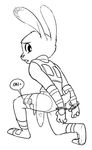  2016 alec8ter anthro bdsm black_and_white bondage bound clothed clothing crouching disney female handcuffs hands_behind_back judy_hopps lagomorph mammal monochrome rabbit rear_view sex_toy shackles simple_background solo tape uniform vibrator white_background zootopia 