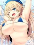  2015 ;d adapted_costume armpits arms_up atago_(kantai_collection) beret bikini blonde_hair blue_bikini blush breasts cleavage commentary_request covered_nipples dated gin'ichi_(akacia) green_eyes hat kantai_collection large_breasts long_hair looking_at_viewer micro_bikini navel one_eye_closed open_mouth pan-pa-ka-paaan! panties side-tie_bikini side-tie_panties signature smile solo swimsuit twitter_username underboob underwear upper_body 