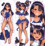  1girl animal_ear_fluff animal_ears animal_hands armpits arms_up barefoot black_hair black_tail blue_panties blue_skirt blush breasts brown_eyes cameltoe cat_ears cat_mask cat_tail cellphone cheerleader clothes_lift commentary_request competition_swimsuit cuddly_octopus dakimakura_(medium) fake_animal_ears fake_tail fang full_body gloves grin hair_ornament hairclip ijiranaide_nagatoro-san long_hair looking_at_viewer lying mask midriff multiple_views nagatoro_hayase navel on_back one-piece_swimsuit one-piece_tan open_mouth panties parallel_hairclips paw_gloves phone pleated_skirt shirt skirt skirt_lift sleeveless small_breasts smartphone smile suzu_miya swimsuit tail tan tanlines underwear unworn_mask unworn_skirt white_shirt 
