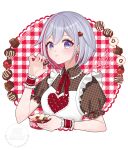  1girl absurdres apron blue_eyes breasts brown_shirt chocolate dated eating grey_hair heart highres honkai:_star_rail honkai_(series) lilipon looking_at_viewer red_hair shirt short_hair solo topaz_(honkai:_star_rail) twitter_username upper_body valentine white_apron 