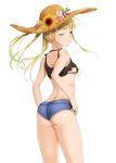  ;) absurdres ass bangs bare_arms bare_legs bare_shoulders bikini black_bikini black_bikini_top blonde_hair blue_eyes blue_shorts blunt_bangs blush breasts brown_hat camisole closed_mouth eyebrows eyebrows_visible_through_hair flower from_behind hands_on_hips hat hat_flower highres long_hair looking_back micro_bikini one_eye_closed original pink_flower pink_rose rose sasami_(hallo) shiny shiny_skin short_shorts shorts sideboob sidelocks simple_background sleeveless small_breasts smile solo straw_hat sunflower swimsuit thighs white_background 