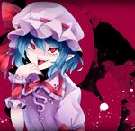  aru16 bat_wings blue_hair bow fangs hat hat_bow highres mob_cap open_mouth pointy_ears red_eyes remilia_scarlet solo touhou wings wrist_cuffs 