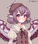  adapted_costume alternate_headwear animal_ears artist_name beret double-breasted egret hat highres light_smile long_sleeves mystia_lorelei polka_dot polka_dot_background puffy_long_sleeves puffy_sleeves purple_eyes purple_hair short_hair simple_background solo touhou upper_body winged_hat wings 