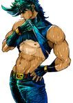  abs aqua_hair belt black_gloves eyebrows fingerless_gloves gloves hand_on_hip highres jojo_no_kimyou_na_bouken joseph_joestar_(young) looking_down male_focus mao_simon muscle nipples profile shirt_lift simple_background sleeveless solo tan tanline wet white_background wrist_cuffs 