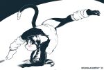 anthro black_and_white blush braided_hair braided_pigtails breasts brian_mcpherson clothing domestic_cat felid feline felis female flexible genitals hair leg_warmers legwear long_hair mammal monochrome nipples nova_(hijinxfantasy) restricted_palette stretching vulva yoga