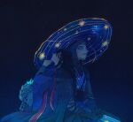  1boy 1girl 2022 beard black_hair blue_background braid elden_ring facial_hair grey_hair hat hetero highres mask mature_female mature_male mustache preceptor_seluvis qur0704 robe sorceress_sellen unworn_mask 