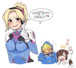  &gt;_&lt; 3girls :d animal_print arm_up artist_name blonde_hair blush bodysuit breasts brown_hair bunny bunny_print closed_eyes commentary cosplay d.va_(overwatch) d.va_(overwatch)_(cosplay) embarrassed expressive_clothes facial_mark flying_sweatdrops gloves headset heart helmet high_ponytail ilhi index_finger_raised korean long_hair medium_breasts mercy_(overwatch) multiple_girls name_tag open_clothes open_mouth open_shirt overwatch pharah_(overwatch) power_armor shirt shouting signature simple_background smile sweat sweatdrop translated whisker_markings xd 