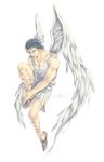  angel_wings aqua_eyes black_hair character_name collarbone full_body highres iku_(yu851024) jojo_no_kimyou_na_bouken jonathan_joestar male_focus muscle robe solo wings 